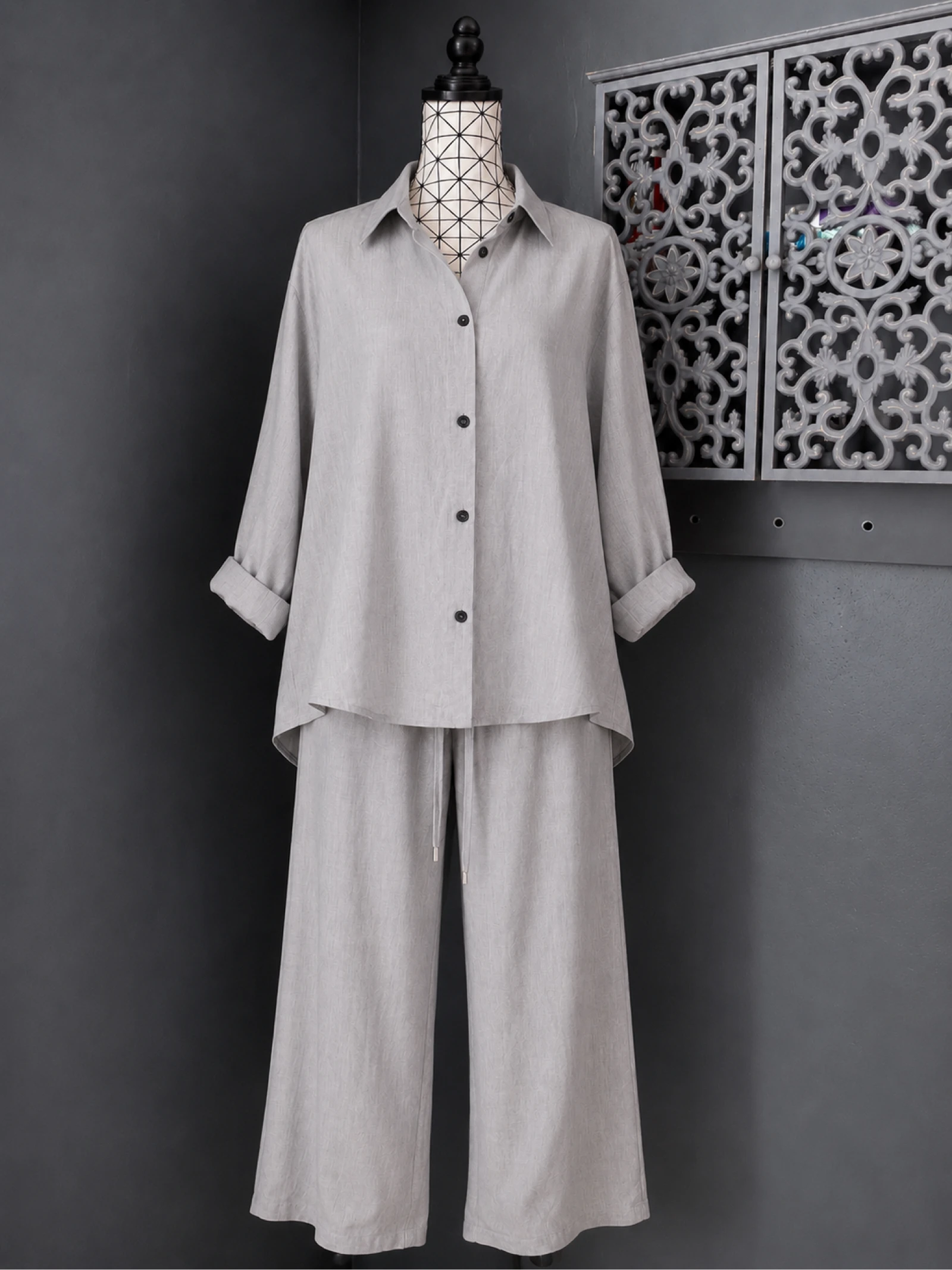 🌹 ensemble chemise fluide grise & pantalon large à poches grande taille 56 🌹